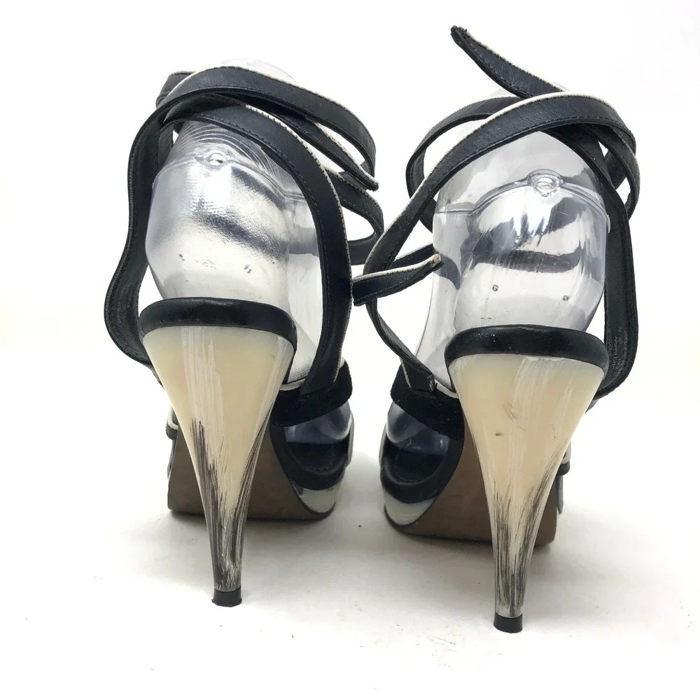 Max Azria Platform Pump Womens 36.5 Imogen Strappy Black White Leather Heel Y2K